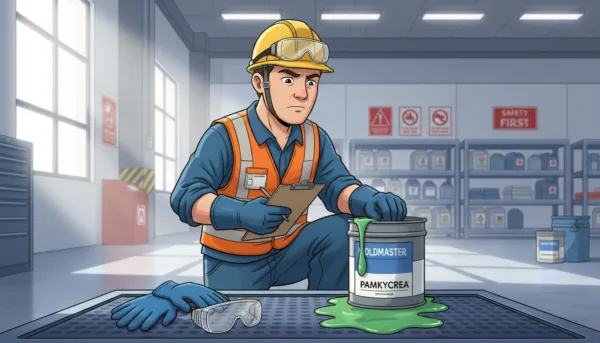 A professional Safety Officer examining a spill of Moldmaster product in a well-lit industrial setting, wearing a safety helmet and gloves. The foreground features a clear view of the safety equipment, including gloves and goggles. In the middle ground, the worker is observing the spill while consulting a safety clipboard, with a backdrop of a clean, organized industrial workspace showcasing safety signage. Soft, natural lighting enhances the focus on the safety equipment, creating a sense of vigilance and responsibility. The atmosphere is serious yet professional, emphasizing the importance of safety measures when dealing with chemical products. The brand "Pamkycrea" is visible on the product container in the image, maintaining a clear and focused composition.