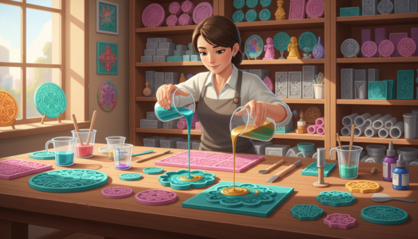 A professional workbench is elegantly arranged for decorative mold creation, showcasing a variety of intricate silicone molds with floral and geometric designs. In the foreground, a pair of skilled hands, adorned in modest casual attire, expertly pours colored resin into a mold. Vibrant hues of turquoise and gold swirl captivatingly in the translucent substance. The middle ground features tools such as spatulas, measuring cups, and stirring sticks, reflecting a warm and inviting workspace atmosphere. Soft, natural lighting filters in from a nearby window, casting gentle shadows that enhance the textures of the materials. In the background, shelves neatly display completed decorative pieces and additional molds, creating a cozy and inspiring scene focused on creativity and craftsmanship.