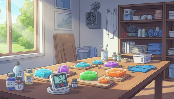 A serene workspace showcasing the ideal conditions for epoxy resin curing, featuring a clean wooden table with vibrant colors and smooth, clear epoxy resin poured into molds. In the foreground, a digital thermometer displays a temperature of 75°F (24°C) surrounded by small containers of resin and hardeners. The middle ground captures a well-organized workspace with natural light streaming through a window, casting soft shadows on the table. In the background, shelves lined with tools and safety equipment indicate a professional environment. The atmosphere is calm and focused, radiating a sense of precision and care that emphasizes the importance of temperature control in the epoxy resin process. Use soft, natural lighting to enhance the clarity and appeal of the scene.