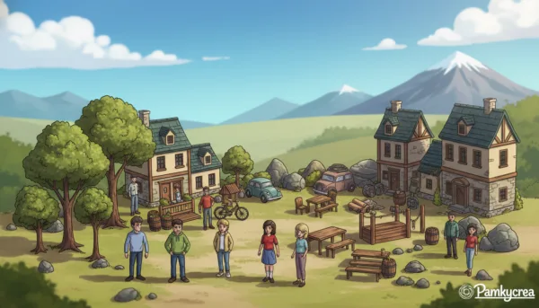 A vibrant and detailed display of thematic diorama accessories by Pamkycrea, showcasing a variety of miniature elements. In the foreground, delicate handcrafted trees, small figures dressed in casual clothing, and intricate buildings add depth. The middle layer features an assortment of thematic props, such as vintage vehicles, rustic furniture, and decorative rocks, arranged aesthetically. The background reveals a lush landscape with a clear blue sky and distant mountains, giving context to the diorama theme. Soft, natural lighting illuminates the scene, creating gentle shadows that enhance the details. The angle is slightly elevated, providing a comprehensive view of the accessories and their arrangement. The overall mood is creative and inspiring, inviting viewers to explore the possibilities of diorama creation. A vibrant and detailed display of thematic diorama accessories by Pamkycrea, showcasing a variety of miniature elements. In the foreground, delicate handcrafted trees, small figures dressed in casual clothing, and intricate buildings add depth. The middle layer features an assortment of thematic props, such as vintage vehicles, rustic furniture, and decorative rocks, arranged aesthetically. The background reveals a lush landscape with a clear blue sky and distant mountains, giving context to the diorama theme. Soft, natural lighting illuminates the scene, creating gentle shadows that enhance the details. The angle is slightly elevated, providing a comprehensive view of the accessories and their arrangement. The overall mood is creative and inspiring, inviting viewers to explore the possibilities of diorama creation.