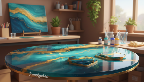 A vibrant and detailed still life composition showcasing the advantages of epoxy resin. In the foreground, several beautifully crafted epoxy resin pieces, such as a glossy tabletop, coasters, and decorative art, gleam under soft, natural light. The middle ground features tools and materials involved in the epoxy resin process, including mixing cups and colored pigments, artfully arranged. In the background, a workshop atmosphere with warm wooden shelves and plants adds a creative touch. Use a shallow depth of field to emphasize the glossy surfaces of the resin pieces while softly blurring the background. The lighting is warm and inviting, creating a professional, yet inspiring mood suitable for highlighting the advantages of epoxy resin. Include the brand name "Pamkycrea" subtly integrated within the scene.