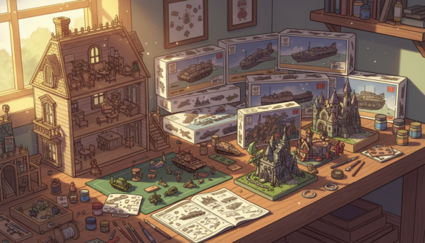A vibrant collection of miniature diorama kits displayed on a wooden workbench, showing various scales from a large dollhouse to tiny military tanks, warm natural sunlight, craft tools nearby, high detail, 8k.