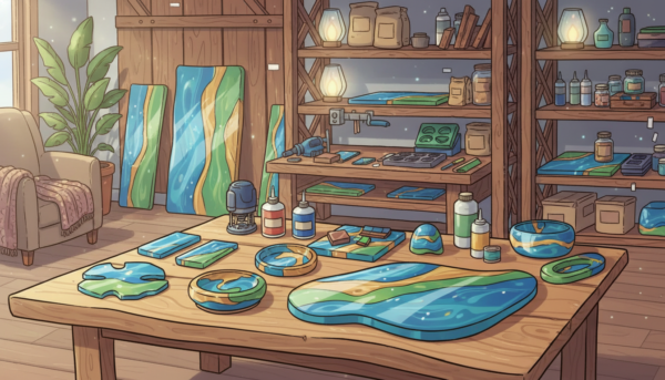A vibrant display of artisanal creations made from epoxy resin and wood, showcasing a variety of items such as coasters, table tops, and decorative bowls. In the foreground, a beautifully crafted wooden table features an array of colorful resin-infused pieces, glistening under soft, natural light. The middle ground includes a workshop setting with tools and molds, indicating the craftsmanship behind these creations, while the background provides a cozy, inviting ambiance with wooden shelves filled with finished products and raw materials. The overall mood is warm and artistic, emphasizing creativity and craftsmanship in a serene environment. The lighting is soft, highlighting the textures of the wood and the glossy finish of the resin.