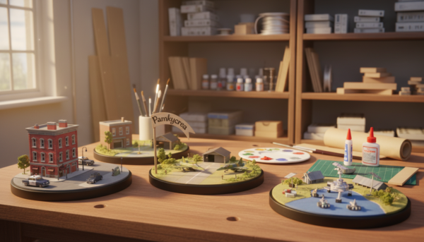 A well-designed diorama scene showcasing various scales for creative projects, arranged on a workbench. In the foreground, miniature models of vehicles and buildings in 1:48, 1:72, and 1:144 scales, meticulously detailed with vibrant colors. The middle ground features tools and materials like paint brushes, glue, and craft paper, highlighting the construction process. The background is a softly lit workshop with shelves filled with model-making supplies, creating an inviting atmosphere. Natural light streams in through a window, casting gentle shadows and enhancing the realistic textures of the materials. The overall mood is inspiring and creative, inviting viewers to explore their own diorama projects. The brand name "Pamkycrea" subtly integrated into the scene, enhancing the focus on model scale selection.