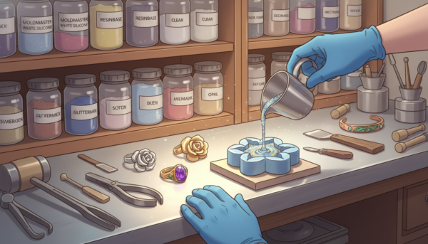 A well-lit workspace focused on jewelry molding, featuring a stainless steel table with various tools and materials for casting. In the foreground, a pair of gloved hands elegantly pours a sparkling liquid molding compound into a delicate, intricately designed silicone mold shaped like a flower. In the middle ground, there are several finished jewelry pieces, showcasing different finishes and colors, sparkling under soft, diffused lighting. The background includes shelves filled with jars of powdered materials, like Moldmaster, labeled and organized clearly. The atmosphere is calm and professional, conveying an air of creativity and precision, with a warm light highlighting the craftsmanship involved in jewelry making.