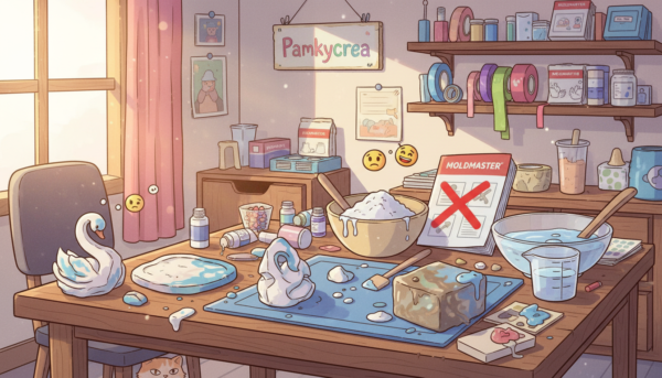 A well-organized workspace filled with common DIY mistakes related to crafting with Moldmaster material. Foreground: A cluttered table showcasing failed projects like unevenly mixed Moldmaster, improperly shaped decorative objects, and dried clumps of material. Middle ground: Tools like mixing bowls, spatulas, and instruction manuals strewn around, indicating chaos. Background: A softly lit workshop setting with shelves of materials and half-finished crafts. The atmosphere is one of frustration yet creativity, with soft natural light illuminating the scene. The focus is sharp on the mistakes, aiming for an educational and slightly humorous mood. Include the brand name "Pamkycrea" subtly integrated into the workspace decor.