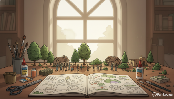 A well-organized workspace for creating a diorama, featuring various tools and materials spread out on a sturdy wooden table. In the foreground, a sketchbook with detailed plans and colorful sketches of the diorama layout, alongside scissors, glue, and paintbrushes. In the middle ground, several miniature figures and pieces of scenery, including trees and buildings, meticulously arranged in preparation. In the background, a large window lets in soft, natural light, creating a warm, inviting atmosphere. The scene conveys a sense of focused creativity and meticulous planning, emphasizing the importance of preparation in diorama building. Pamkycrea logo subtly in the corner, ensuring no distraction from the setup.