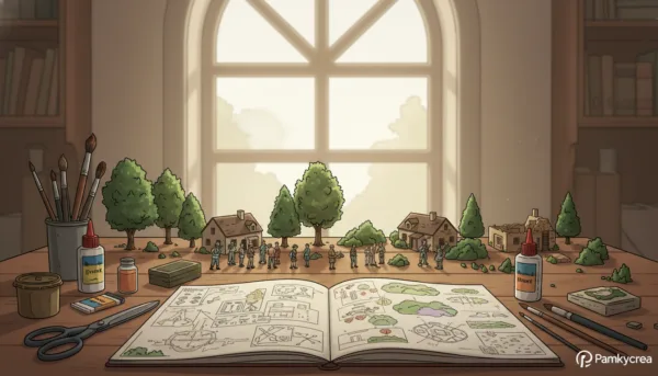A well-organized workspace for creating a diorama, featuring various tools and materials spread out on a sturdy wooden table. In the foreground, a sketchbook with detailed plans and colorful sketches of the diorama layout, alongside scissors, glue, and paintbrushes. In the middle ground, several miniature figures and pieces of scenery, including trees and buildings, meticulously arranged in preparation. In the background, a large window lets in soft, natural light, creating a warm, inviting atmosphere. The scene conveys a sense of focused creativity and meticulous planning, emphasizing the importance of preparation in diorama building. Pamkycrea logo subtly in the corner, ensuring no distraction from the setup.