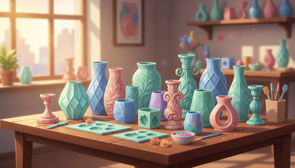 A wide variety of high-quality silicone molds for home decor items like vases and candle holders arranged on a clean wooden workshop table, bright and inviting atmosphere, professional craft photography.