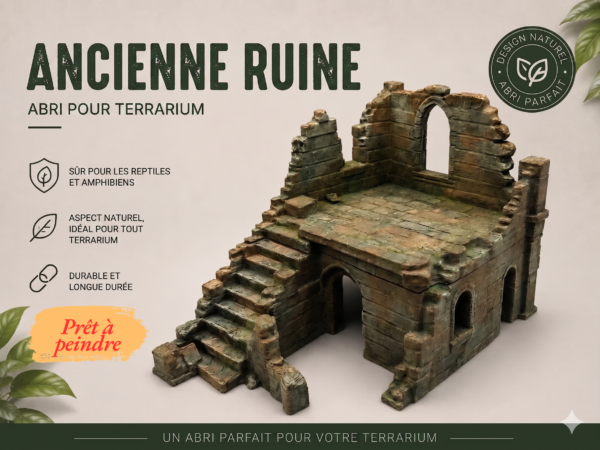 cachette-terrarium-ruine-a-peindre Cachette terrarium ruine à peindre en PLA gris brut, idéale pour l'aménagement vivarium.
