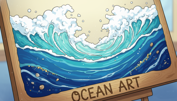 Artistic close-up of "Ocean Art" made with epoxy resin, white foamy waves meeting deep blue resin, thick texture, professional resin art.