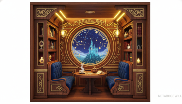 Book nook 3D représentant une cabine de train magique, intérieur en bois luxueux, fenêtre avec décor animé, éclairage LED, style vintage fantastique.