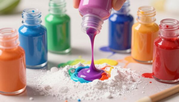Bouteilles de pigments colorants vibrants pour moulage, gouttes de couleur intense tombant dans un mélange de poudre blanche, palette artistique arc-en-ciel, style macro et créatif.