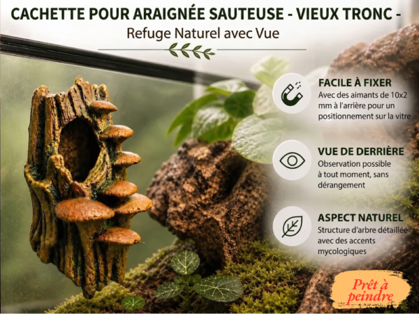cachette-araignee-sauteuse-a-peindre Cachette araignée sauteuse à peindre en forme d'écorce avec champignons, idéale pour terrarium.