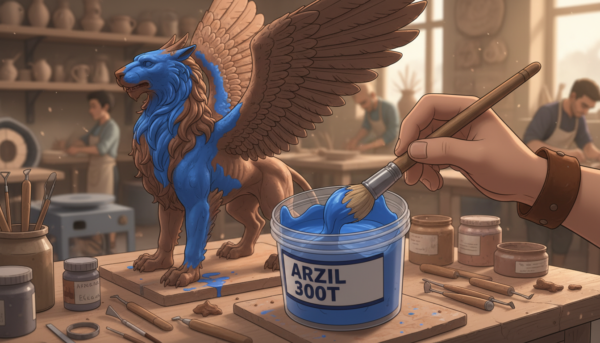 Close-up of a hand applying blue liquid ARZIL 300T silicone with a brush onto a detailed clay sculpture, artisan workshop environment.