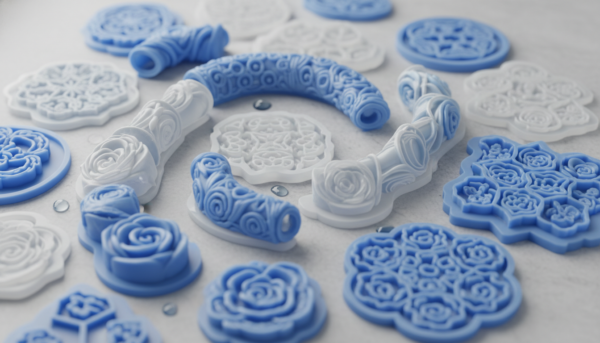 Close-up of various flexible blue and white silicone molds for casting, showing intricate floral and geometric details, placed on a light grey background, professional craft photography.