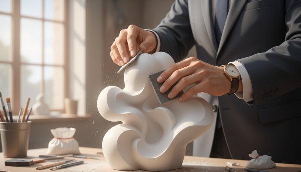 Close-up photo of a person's hands delicately sanding a white plaster sculpture with fine-grit sandpaper, soft natural workshop lighting, focus on the smooth texture of the material, creative craft atmosphere.