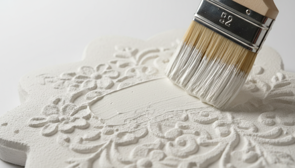 Close-up photo of a white gesso primer being applied with a soft brush to a textured decorative object made of craft powder, smooth matte finish, professional studio lighting, macro photography.