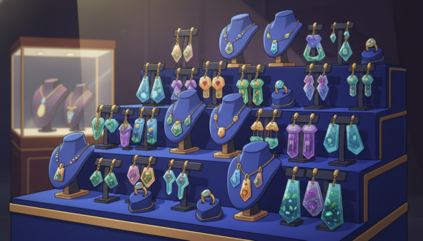 Collection de bijoux faits main en résine colorée et transparente, posés sur un présentoir en velours, lumière professionnelle.