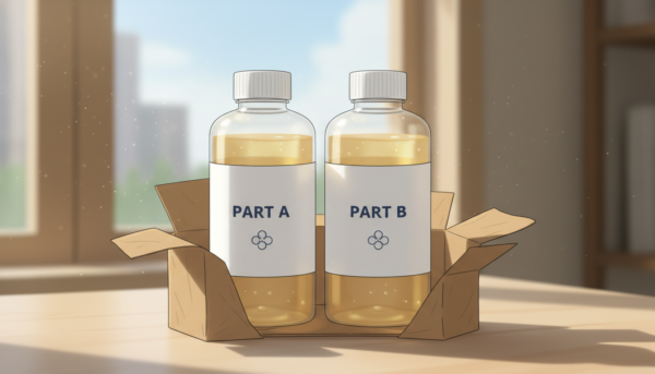 Comparison view of two identical resin bottles, parts A and B, simple packaging, minimalist design, soft natural lighting.
