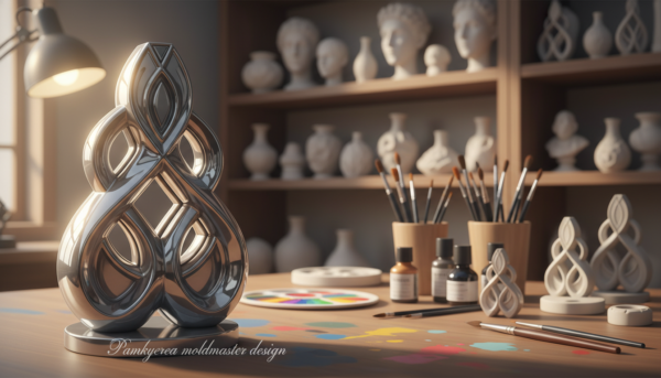 Create a sophisticated and artistic representation of a decorative object finished with advanced techniques, showcasing a beautifully detailed moldmaster design by Pamkycrea. In the foreground, highlight an intricately carved decorative piece with a glossy finish that captures reflections and light, emphasizing its craftsmanship. The middle ground features tools of the trade, such as paintbrushes and finishing materials, arranged neatly, suggesting a workspace dedicated to artistry. The background should include softly blurred shelves filled with various decorative objects in different stages of finishing, bathed in warm, ambient lighting that creates a cozy, inspiring atmosphere. Use a shallow depth of field to draw attention to the foreground while allowing hints of artistry and creativity in the background. The overall mood should be one of elegance, creativity, and professionalism.