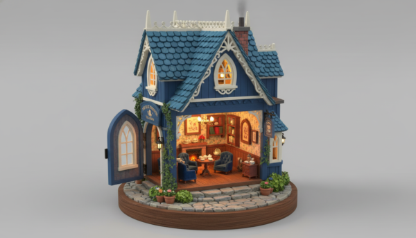 Detailed 3D miniature of a blue tea house, openable front facade, cozy interior lighting, Victorian style architectural details, 1/24 scale, realistic textures, high quality craftsmanship.