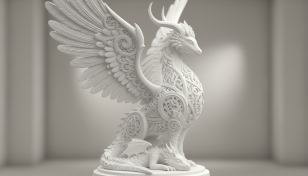 Detailed close-up of a pure white sculpture made from ARZAL 700 synthetic porcelain plaster, showing ultra-fine details and a smooth, matte finish, professional studio lighting, depth of field.