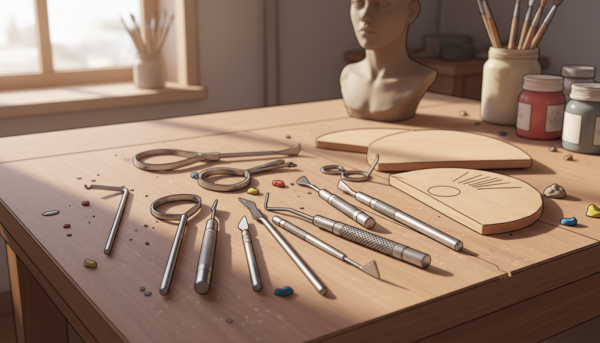 Detailed close-up of professional stainless steel modeling tools and wooden clay ribs on a creative workshop table, soft natural lighting, high resolution, macro photography