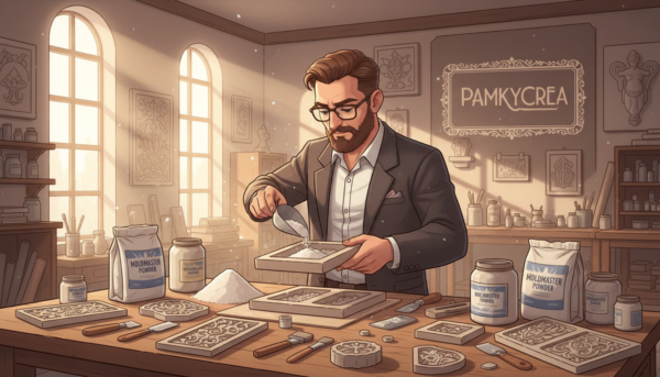 Foreground: A detailed setup of decorative molding techniques using Moldmaster powder, with various molds and tools arranged neatly on a work table. Include intricate mold designs showcasing elaborate patterns and textures, emphasizing the precision and artistry involved. Middle ground: A skilled artisan in professional business attire is carefully applying the Moldmaster powder into a mold, demonstrating the technique with focused attention. The artisan's hands are gently pouring the powder, showcasing the craftsmanship involved. Background: A softly blurred workshop filled with tools, shelves of materials, and completed decorative mold pieces displayed on walls. Lighting: Bright, natural light coming through a large window, creating warm highlights and shadows that enhance the textures of the molds and the artisan's actions. Mood: Creative and inspiring atmosphere, reflecting a dedication to craft and innovation, with the brand "Pamkycrea" subtly integrated in the workspace design.