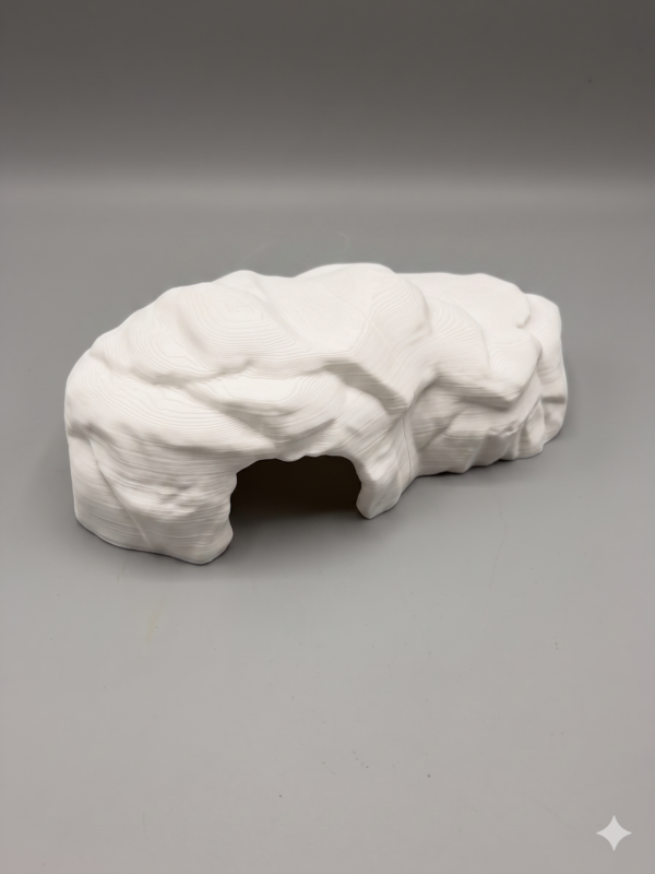 abri-pour-gecko-impression-3d-pla Zoom sur les fines stries d'impression 3D de l'abri pour gecko en PLA blanc, prêtes à être peintes.