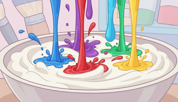 Gouttes de pigments liquides intenses tombant dans un mélange de moulage blanc, créant des volutes de couleurs vibrantes.