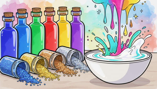 Gros plan artistique sur des flacons de pigments colorés et des poudres de mica scintillantes, quelques gouttes de couleur tombant dans un mélange blanc, explosion de couleurs créative.