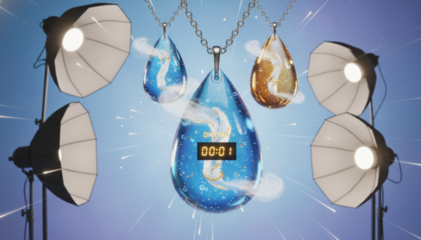 Gros plan de bijoux artisanaux brillants en résine époxy, pendentifs transparents, séchage ultra-rapide, éclairage de studio professionnel, 8k.
