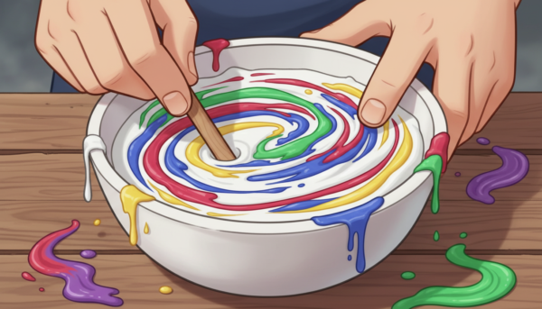 Gros plan sur des mains mélangeant des pigments colorants pour moulage décoratif dans une préparation blanche, créant des volutes de couleurs vibrantes, style artistique.