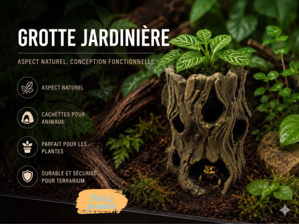 Cachette terrarium souche à peindre en PLA blanc brut pour gecko et amphibiens.
