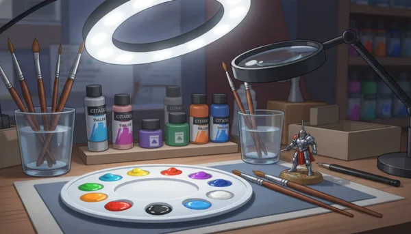 High quality painting set for miniature models, professional brushes, wet palette, acrylic paints, bright workshop lighting, macro photography.