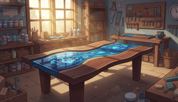 High-quality photo of a large river table made of dark walnut wood and deep blue epoxy resin casting, showing professional depth and clarity in a bright craft workshop.