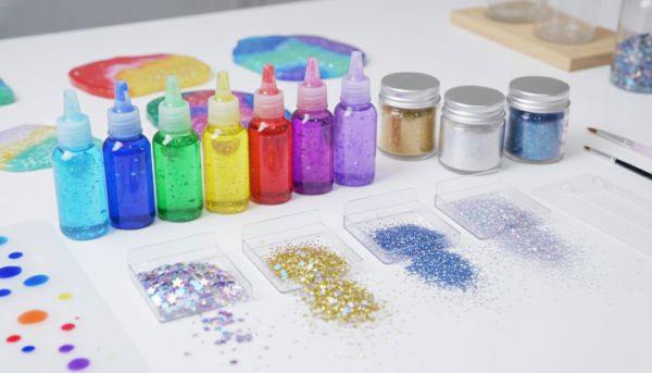 High-quality photography of vibrant resin liquid dyes in small bottles, sparkling mica powder jars, and glitter on a white workspace, bright and inspiring craft aesthetic.