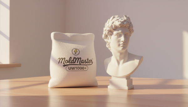 High-quality studio photography of a bag of MoldMaster UW1000+ ultra-white powder next to a finished pristine white Greek-style bust sculpture on a clean wooden table, soft morning light, 8k resolution.