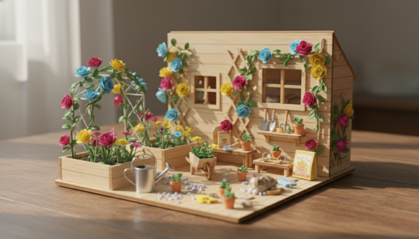 Jardin miniature en bois Rolife avec des fleurs grimpantes colorées, une petite arche blanche et des accessoires de jardinage réalistes, lumière du jour.