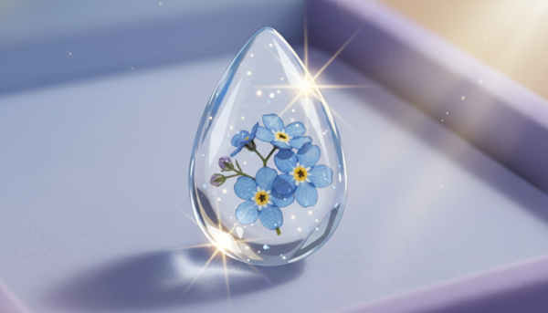 Macro photography of a delicate resin earring featuring a tiny real forget-me-not flower, crystal clear finish, professional jewelry lighting.