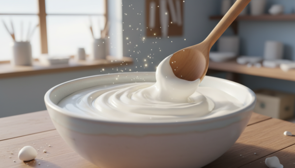 Macro photography of fine ultra-white Moldmaster UW1000+ powder being mixed in a bowl, smooth creamy texture, minimalist craft workshop background, soft morning sunlight, 8k resolution, cinematic lighting.