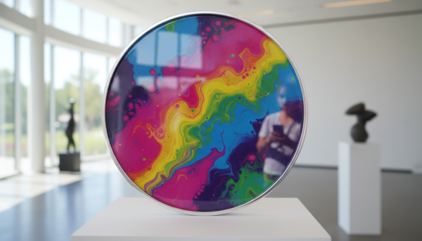 Macro shot of a glossy art painting with a smooth resin coating, vibrant liquid colors underneath, reflective surface, high-end art gallery style.
