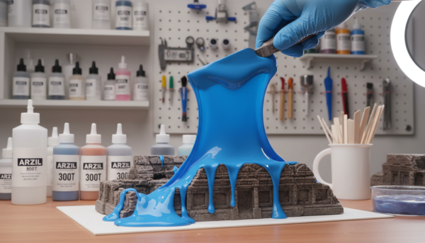 Macro shot of blue ARZIL 300T silicone being spread over a detailed textured model, showing its flexibility and smooth texture in a professional workshop setting.