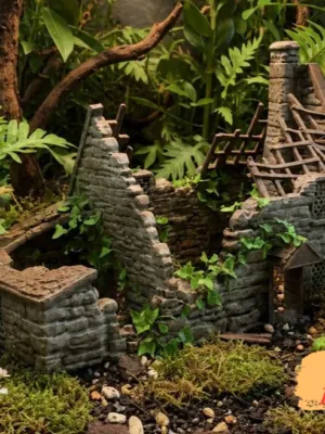 cachette-maison-ruine-terrarium-a-peindre Cachette maison en ruine pour terrarium à peindre, idéale comme abri pour reptile en PLA.