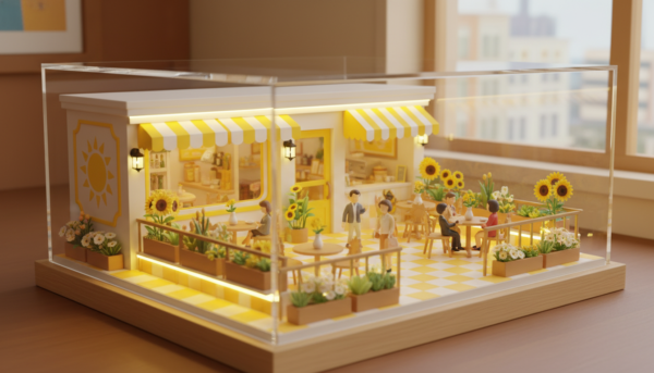 Miniature 3D cafe diorama with outdoor terrace, yellow and white sunny theme, miniature flowers and plants, wooden chairs and tables, warm LED light, modern architectural style.