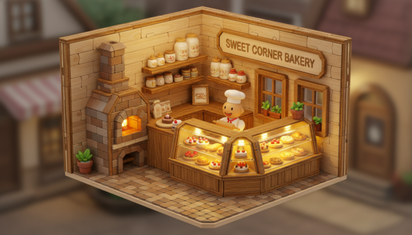 Miniature bakery shop corner diorama, pastry display cases, tiny cakes and breads, warm golden lighting, wooden shelves, vintage baking house aesthetic, 3D puzzle style.