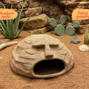 Cachette grotte terrarium désertique à peindre en PLA brut avec design original de visage en roche.