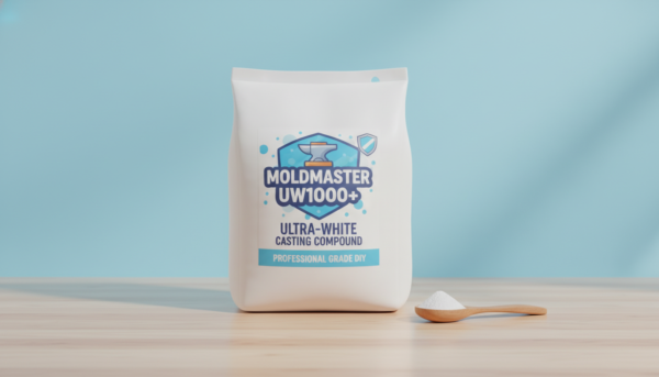 Photographie de studio lumineuse et épurée montrant un sachet de poudre de moulage Moldmaster UW1000+ blanc pur, posé sur un plan de travail en bois clair avec une petite cuillère en bois à côté, style DIY professionnel.