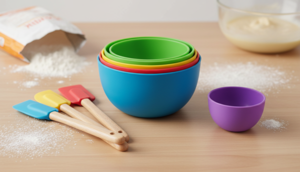 Photographie de studio lumineuse montrant un ensemble de béchers en silicone gradués et colorés, posés sur un plan de travail en bois avec des spatules de mélange à côté, style DIY professionnel et chaleureux.